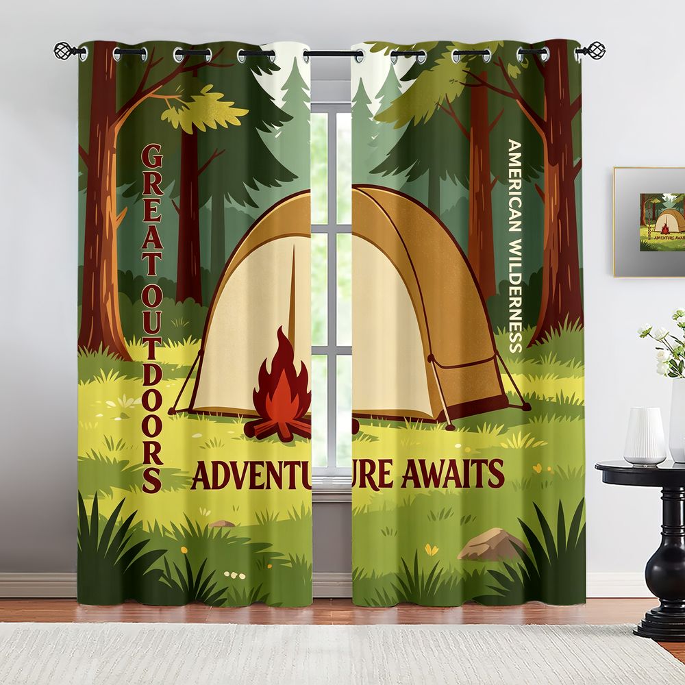 Home Decor Curtains - Camping Scene Print Curtains, Rustic Nature