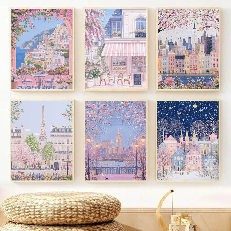 Home Decor Unique Items - 1pc Modern Cityscape Travel Mural Pink