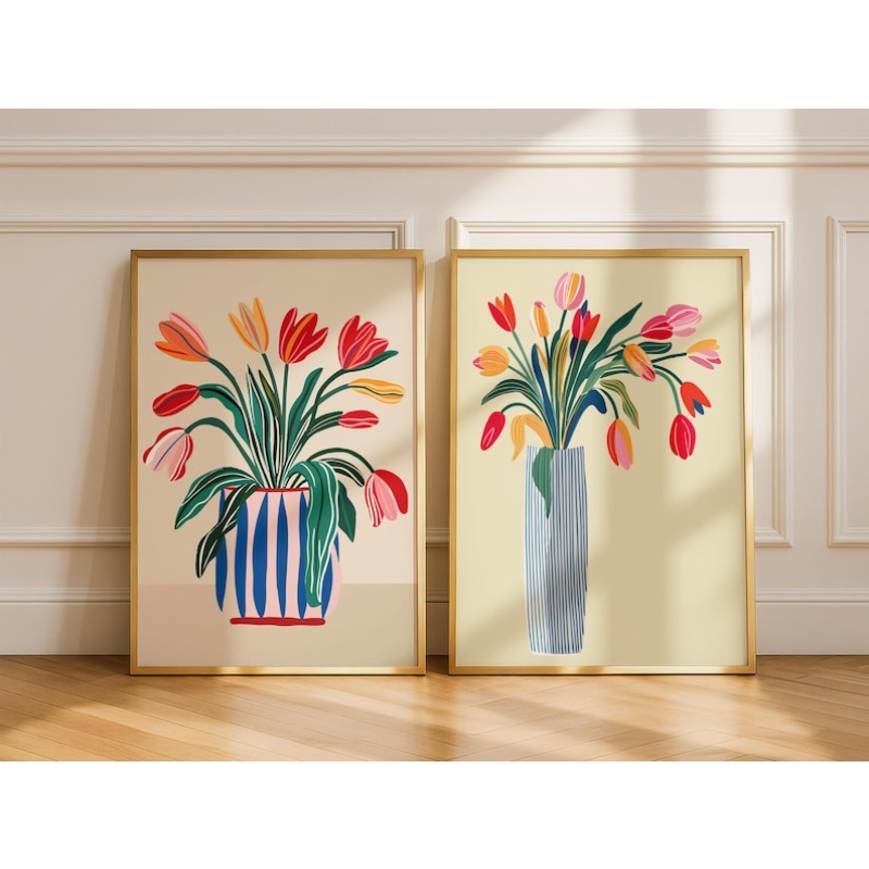 Home Decor Design Interior - 2pcs Tulip Flowers Canvas Wall Art,